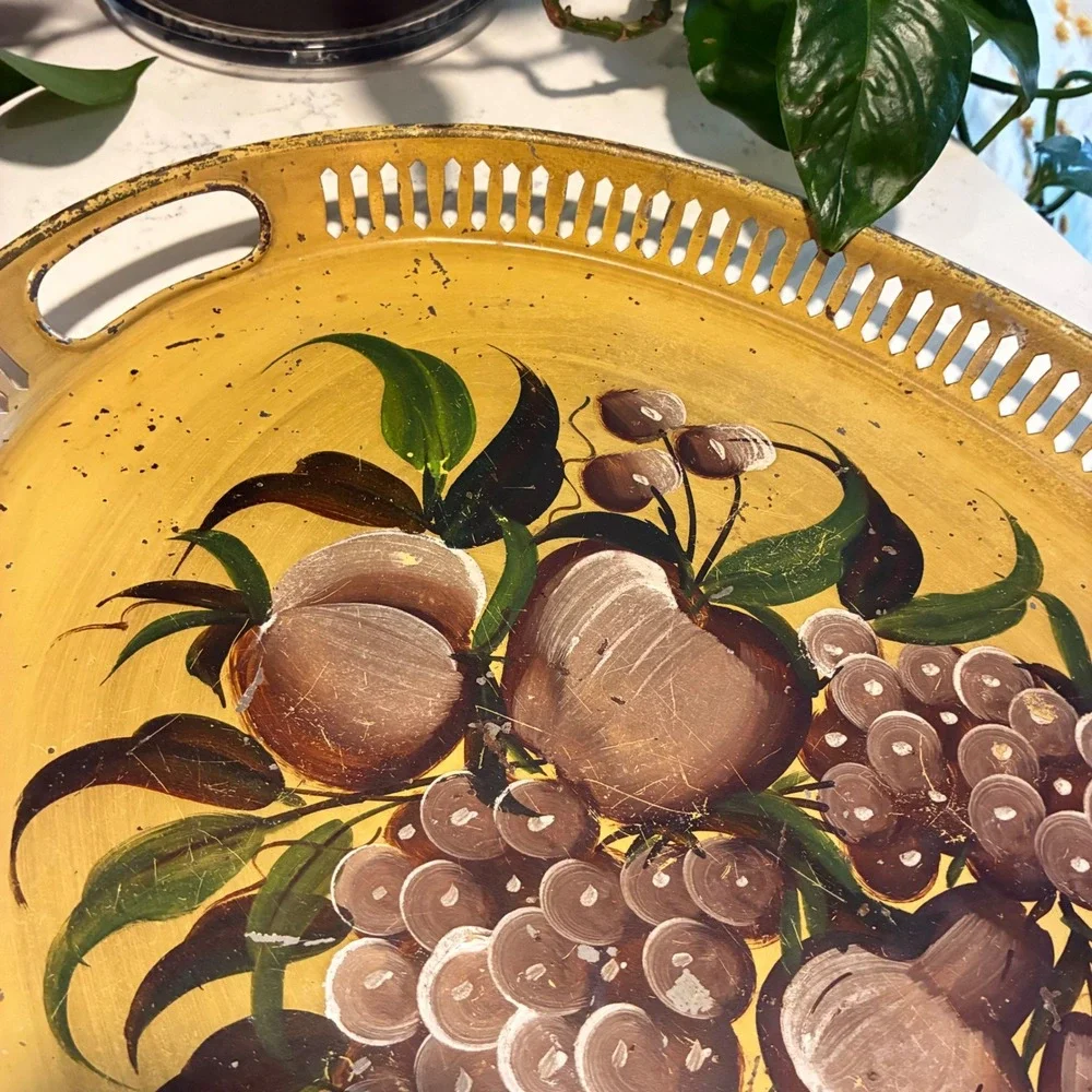 Vtg Toleware Serving Tray Hand Painted Farmhouse Cottage Mid Cent French Country